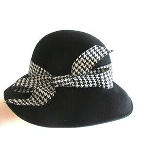 Women's Hats Designer Frank Olive Black Wool /Black White Bow Detail Hat